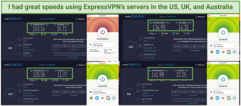 Screenshot showing speed testing ExpressVPN servers in countries broadcasting the Presidents Cup