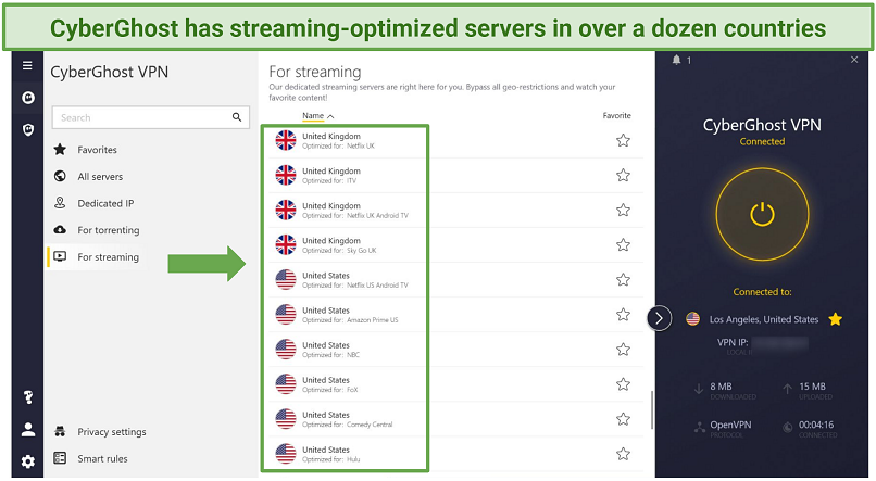 Screenshot of streaming-optimized servers on CyberGhost's Windows interface