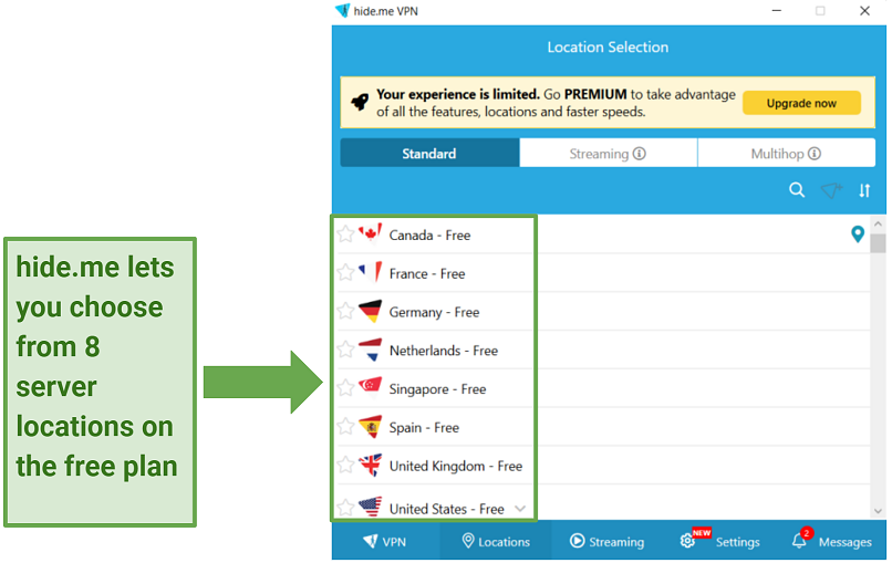 Screenshot of hide.me's Windows interface with server locations