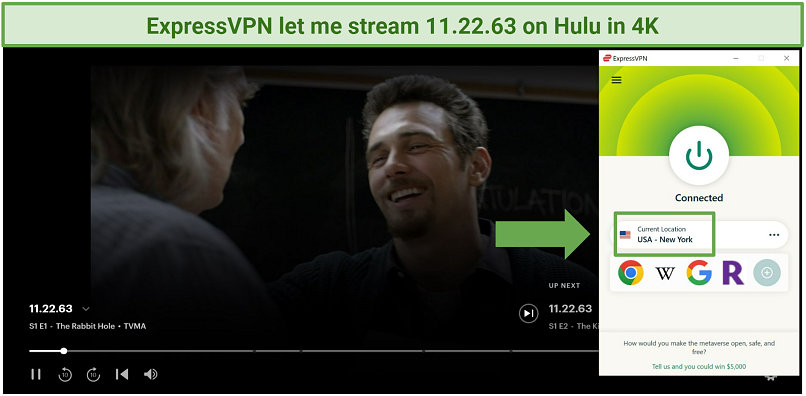 Screenshot of 11.22.63 streaming on Hulu with ExpressVPN active