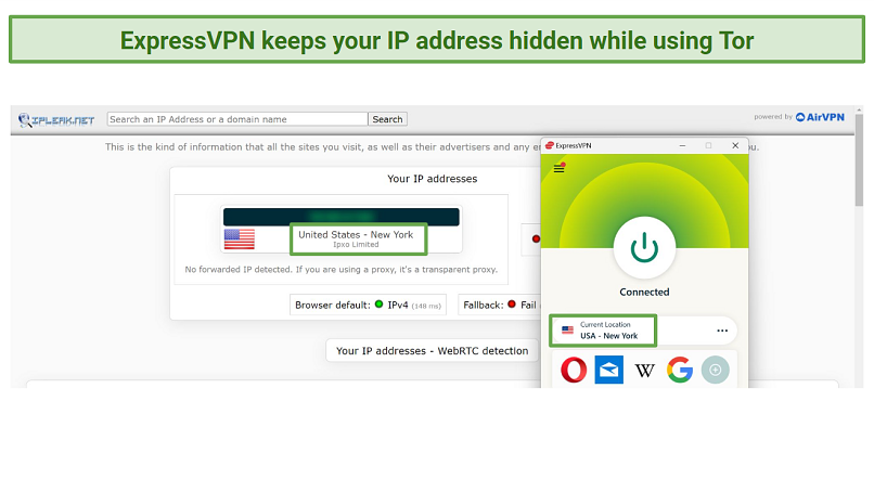 Screenshot of leak test performed on ipleak.net while connected to ExpressVPN's New York server