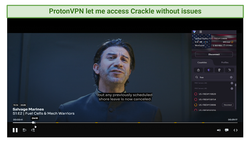 screenshot showing Salvage Marines streaming on Crackle with ProtonVPN connected