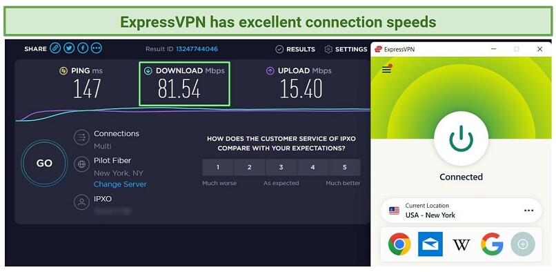 A screenshot of speed test results using ExpressVPN's server in the US