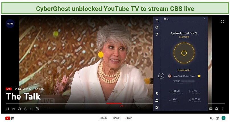A screenshot of an episode of The Talk streaming live on CBS, played on YouTube TV