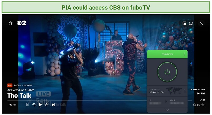 A screenshot of an episode of The Talk streaming live on CBS, played on fuboTV