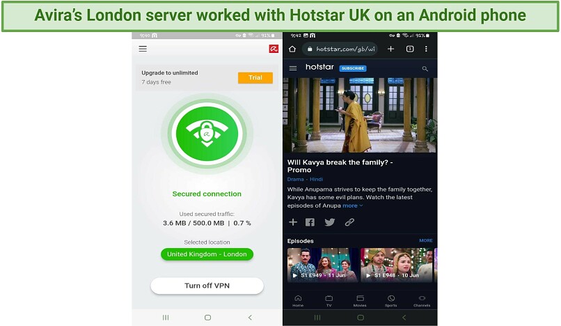 Screenshot of Hotstar UK playing while connected to Avira's London server