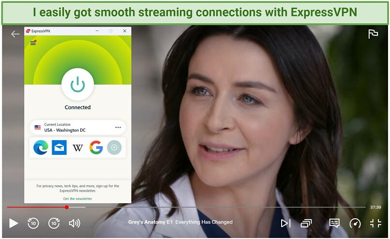 Screenshot of Grey's Anatomy streaming on Netflix with ExpressVPN connected to a US server