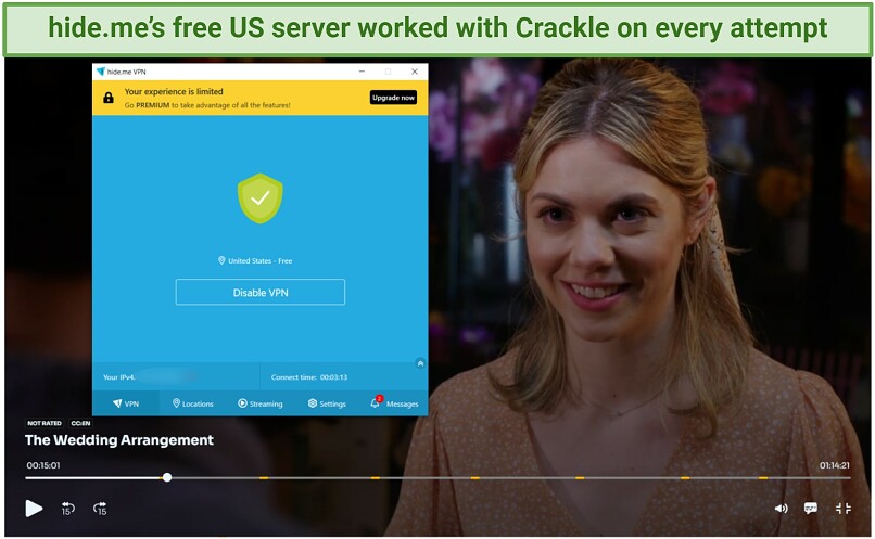 Screenshot of The Wedding Arrangement streaming on Crackle with hide.me connected to a free US server