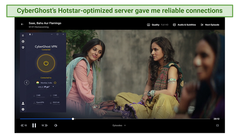 A screenshot of an episode of Saas, Bahu Aur Flamingo on Hotstar with CyberGhost connected