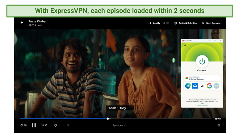 A screenshot of an episode of Taaza Khabar on Hotstar India with ExpressVPN connected