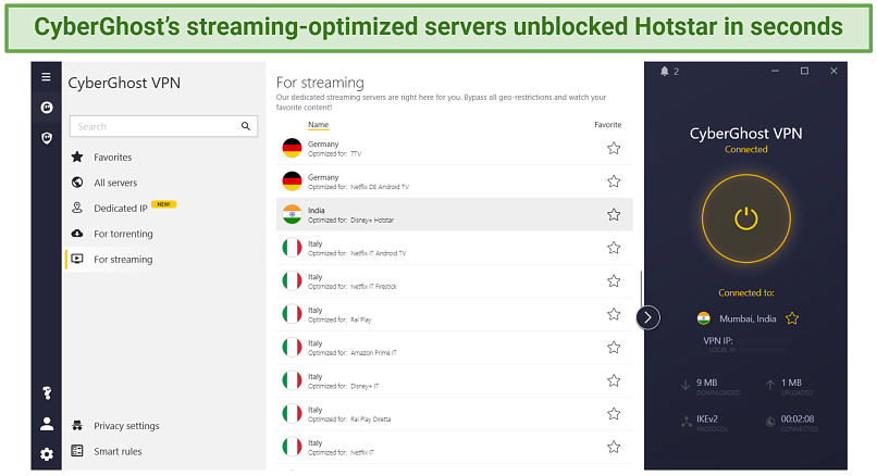 Screenshot showing CyberGhost's streaming-optimized servers