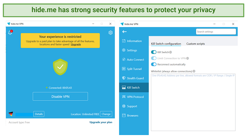 Screenshot showing Hide.me's security features