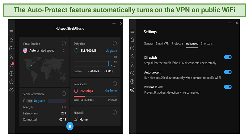 Screenshot showing the interface and features of Hotspot Shield's free version