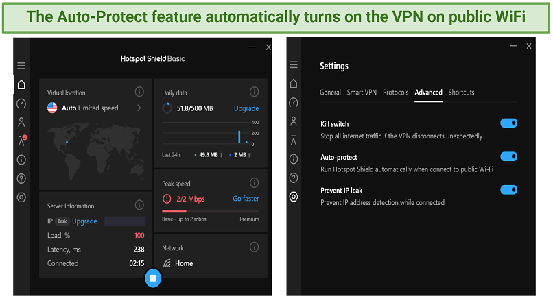 Screenshot showing the interface and features of Hotspot Shield's free version