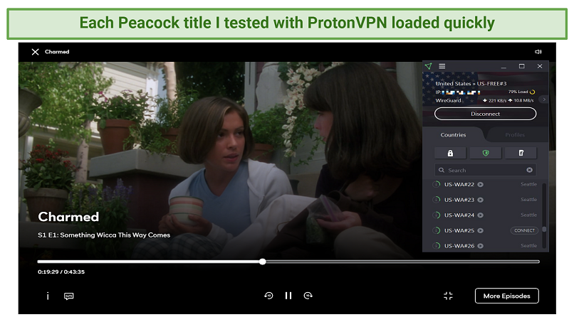 Screenshot showing Charmed streaming on Peacock with Proton VPN connected