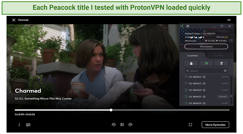 Screenshot showing Charmed streaming on Peacock with ProtonVPN connected