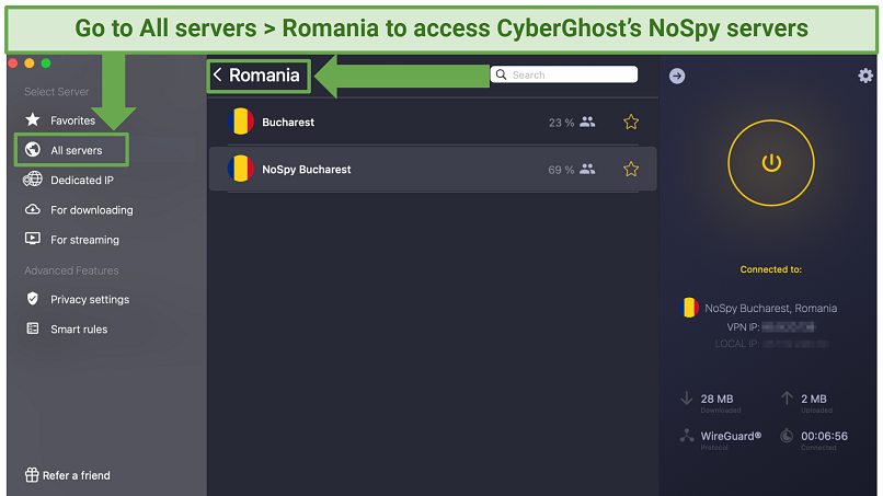 Captura de pantalla que muestra cómo acceder a Cyberghost