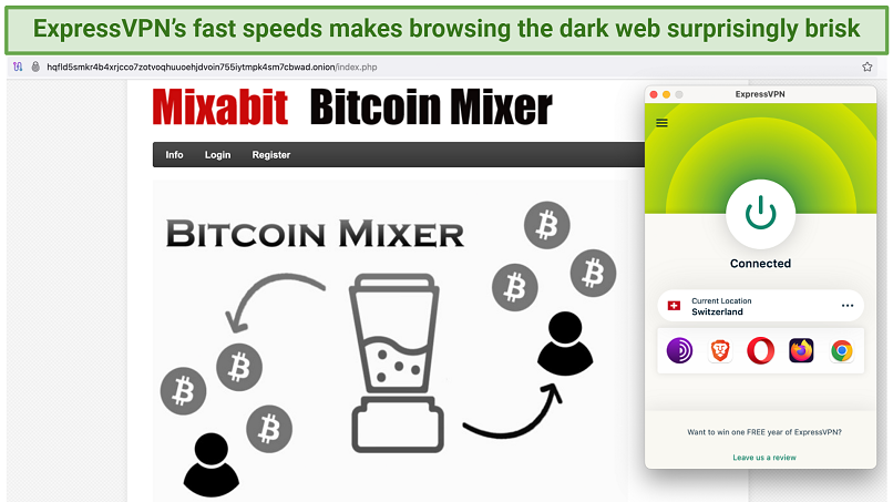 Screenshot showing the ExpressVPN app connected to a server in Switzerland over a Tor browser
