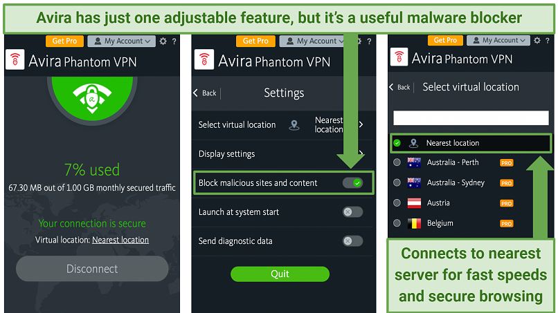 Screenshot of Avira Phantom VPN's basic app