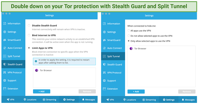 Screenshots of hideme's Stealth Guard and Split Tunnel features