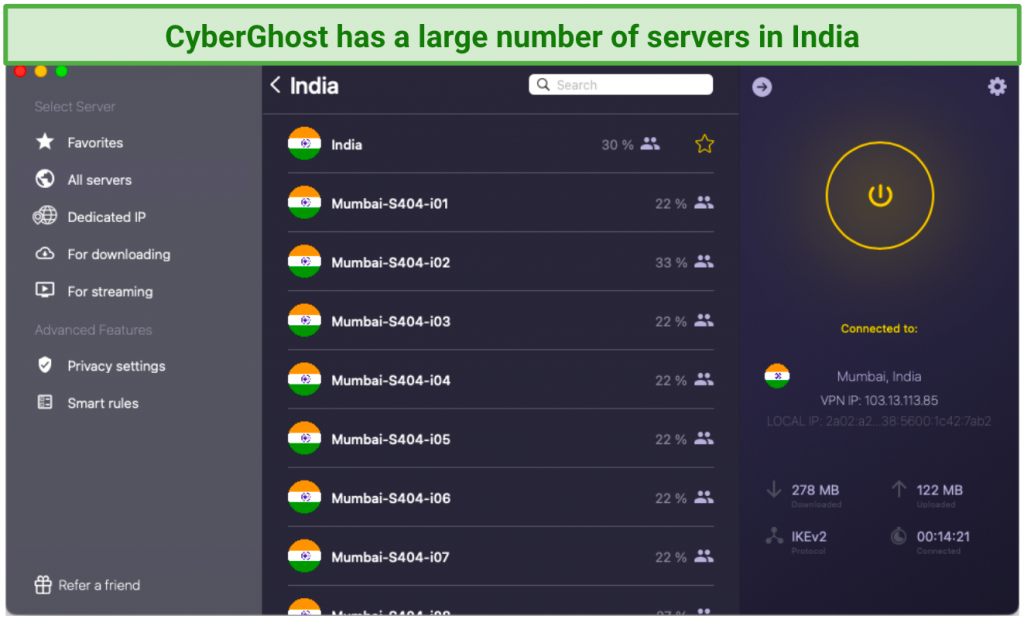 screenshot of cyberghost's ui showing the India servers