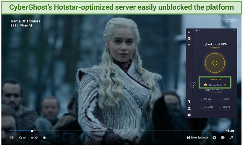A screenshot of Game of Thrones playing while connected to one of CyberGhost's Indian servers