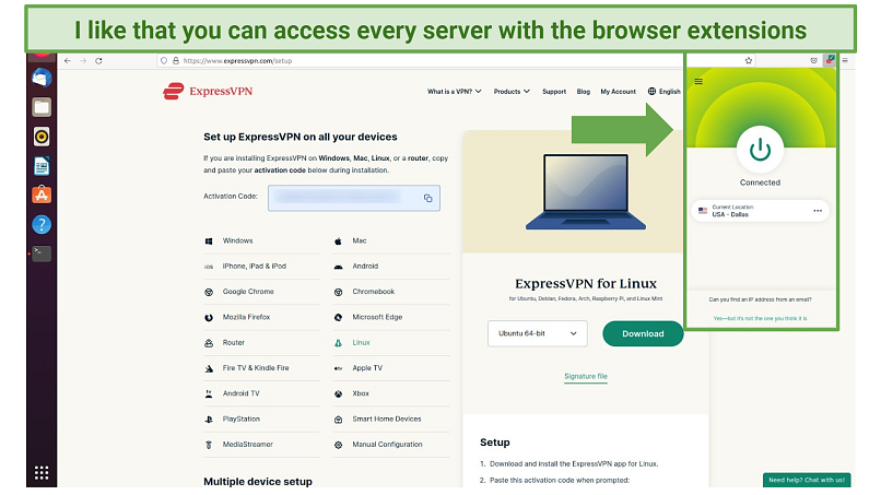 Screenshot of the ExpressVPN Firefox browser extension being used on a Linux device with Ubuntu