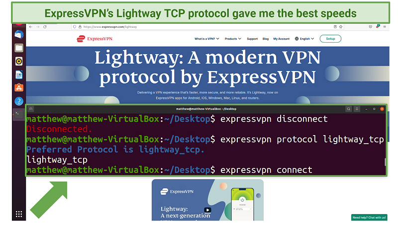 Screenshot of ExpressVPN's command line on Linux switching to the Lightway TCP protocol