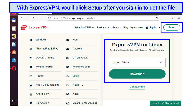 Screenshot of ExpressVPN account page highlighting where to download the Linux app