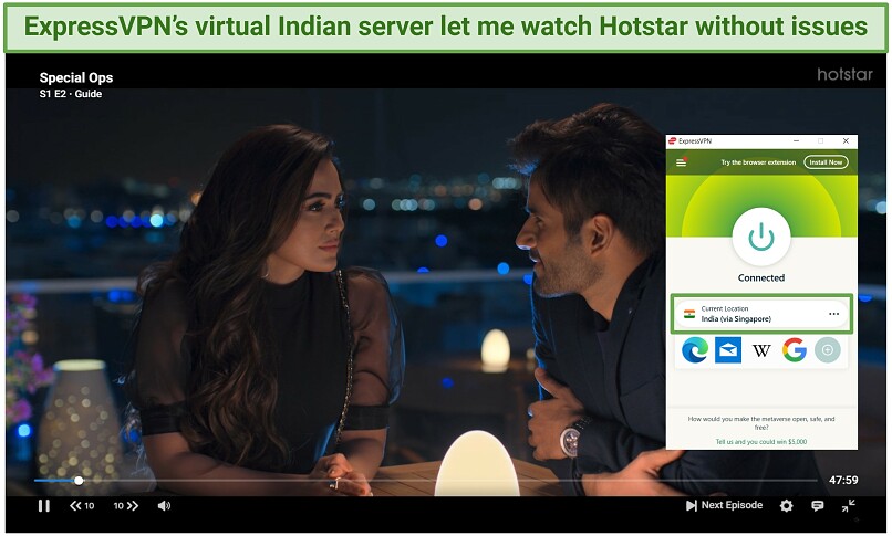 A screenshot of the show Special Ops streaming on Hotstar while connected to ExpressVPN's India (via Singapore) server