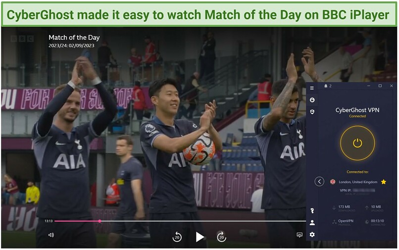 Screenshot of Match of the Day playing on BBC iPlayer with CyberGhost connected to the BBC iPlayer-optimized server