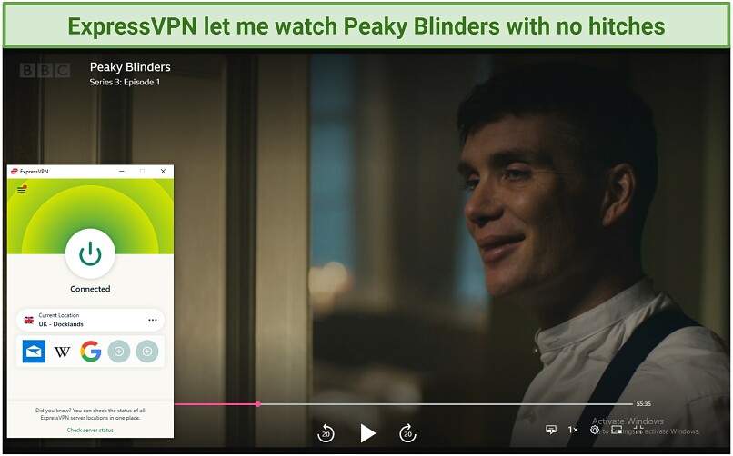 Screenshot of Peaky Blinders playing on BBC iPlayer with ExpressVPN connected to the UK-Docklands server