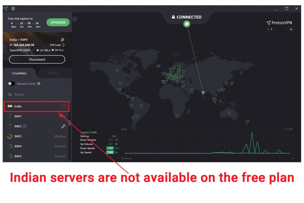 Screenshot of the free ProtonVPN app showing that Indian servers are only available on its paid plan.