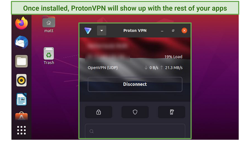 Screenshot of Proton VPN connected to a free server on Linux