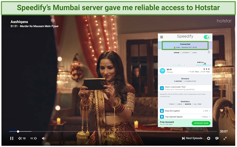 A screenshot showing Aashiqana playing on Hotstar while connected to Speedify's free Mumbai server