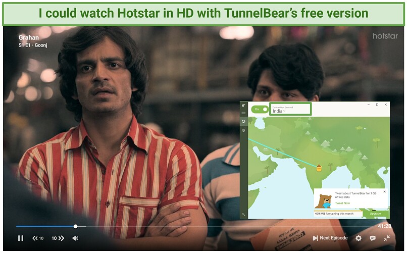 A screenshot showing the show Grahan playing on Hotstar while connected to TunnelBear's free Indian server