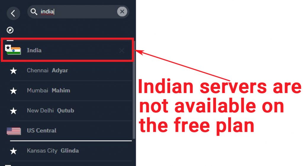 Screenshot of Windscribe’s free VPN app showing that Indian servers are only available on its paid plan.