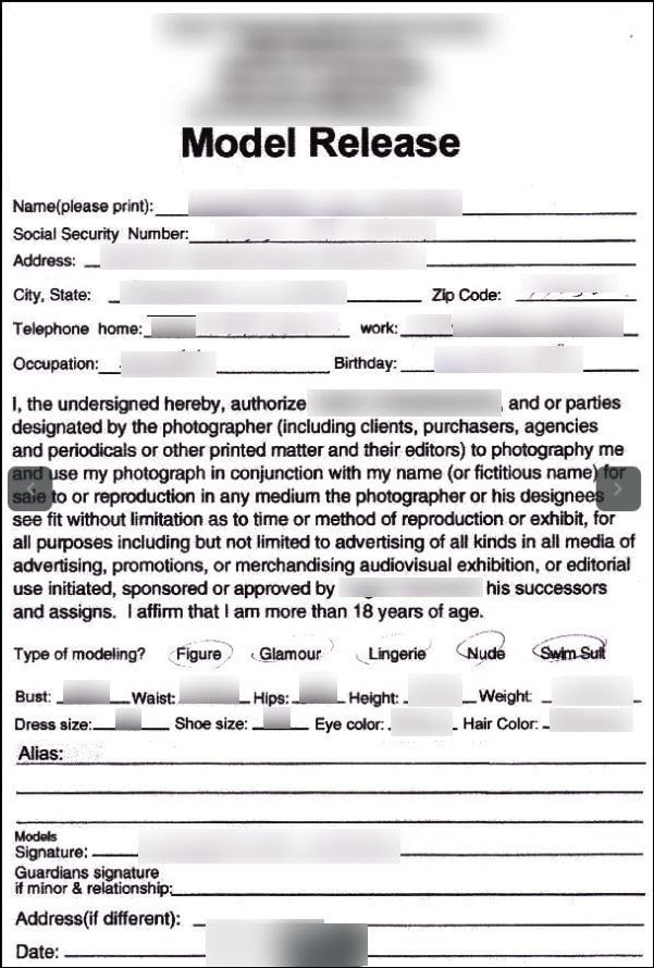 Model release form indicating body measurement