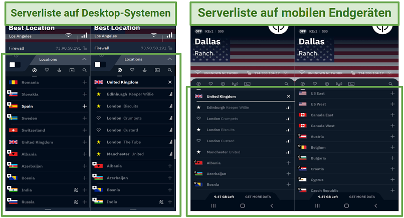 Screenshots of server lists on Windscribe's desktop and Android Apps