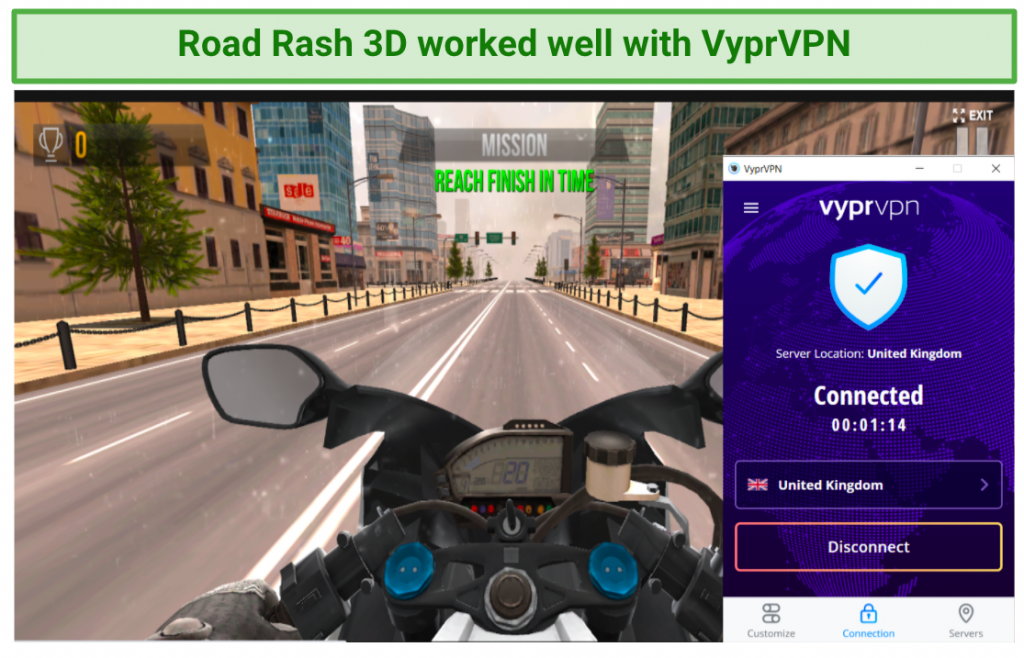 Image showing RoadRash 3D gaming working after connecting to a UK VyprVPN server
