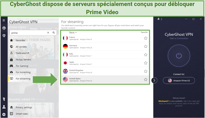 A screenshot showing CyberGhost's specially-designed Amazon Prime Video streaming servers.