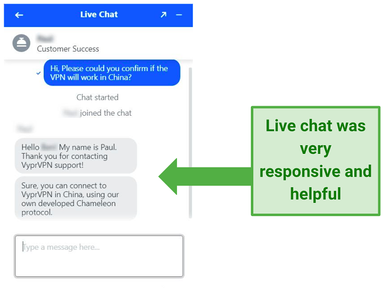 Image showing VyprVPN live chat response