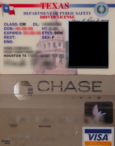 as Driver’s License; Chase Bank-issued Visa Card