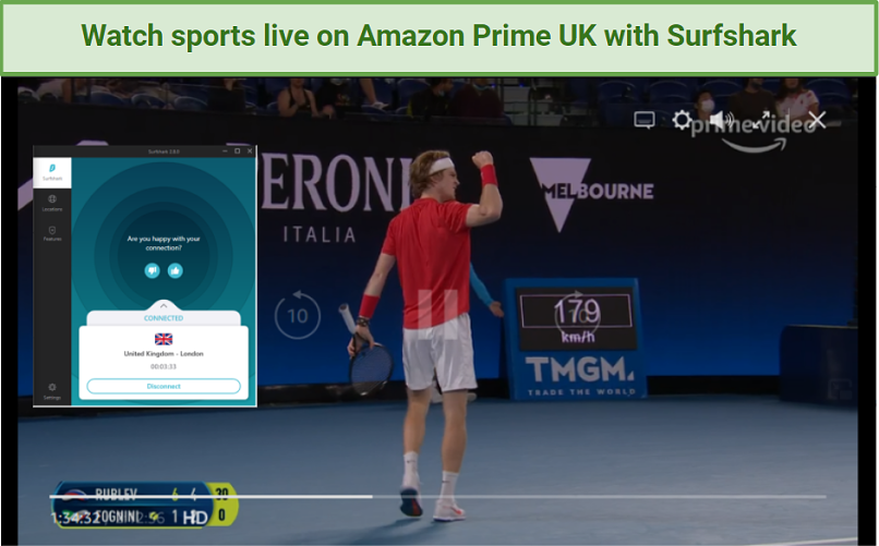 Tennis player celebrates on Amazon Prime UK while Surfshark connects to a server in London