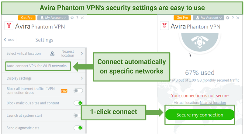 Screenshot of Avira Phantom VPN user interface, showing how simple and easy-to-use its apps are.