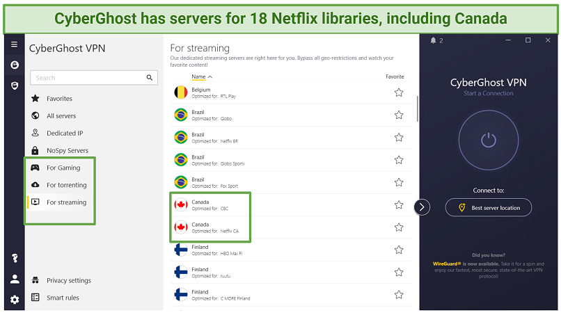 Screenshot of CyberGhost windows app user interface showcasing specialized servers for streaming, torrenting, gaming, and security