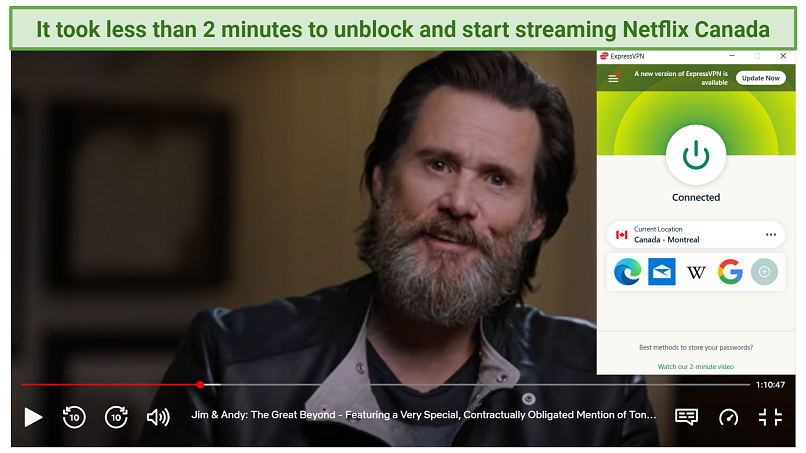 Netflix Canada playing Jim & Andy: The Great Beyond while connected to ExpressVPN's Canada - Montreal server