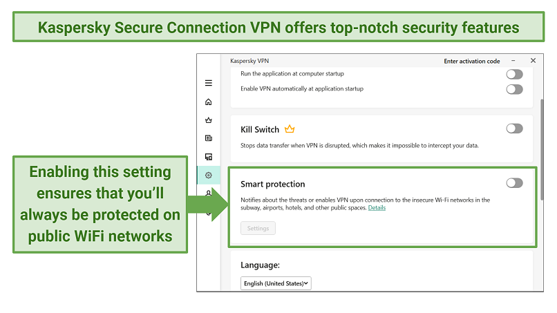 Screenshot of Kaspersky Secure Connection VPN app on Windows that shows its Smart protection feature.