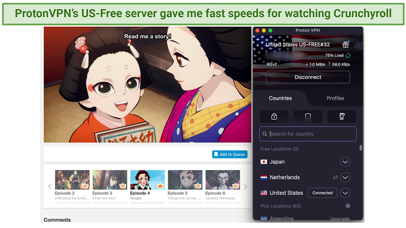 Screenshot of the Crunchyroll player streaming Demon Slayer while connected to Proton VPN