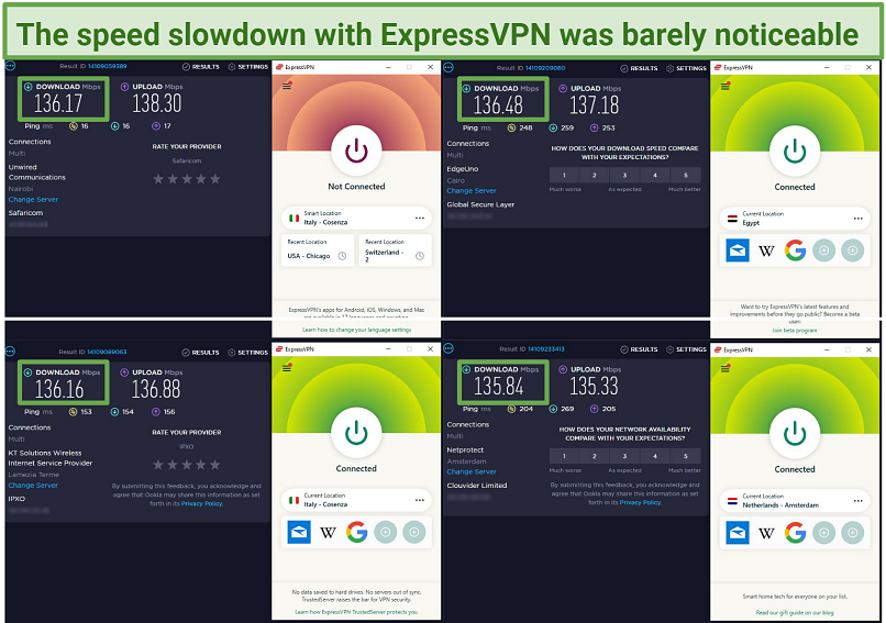 צילום מסך של תוצאות בדיקת מהירות עם ובלי ExpressVPN